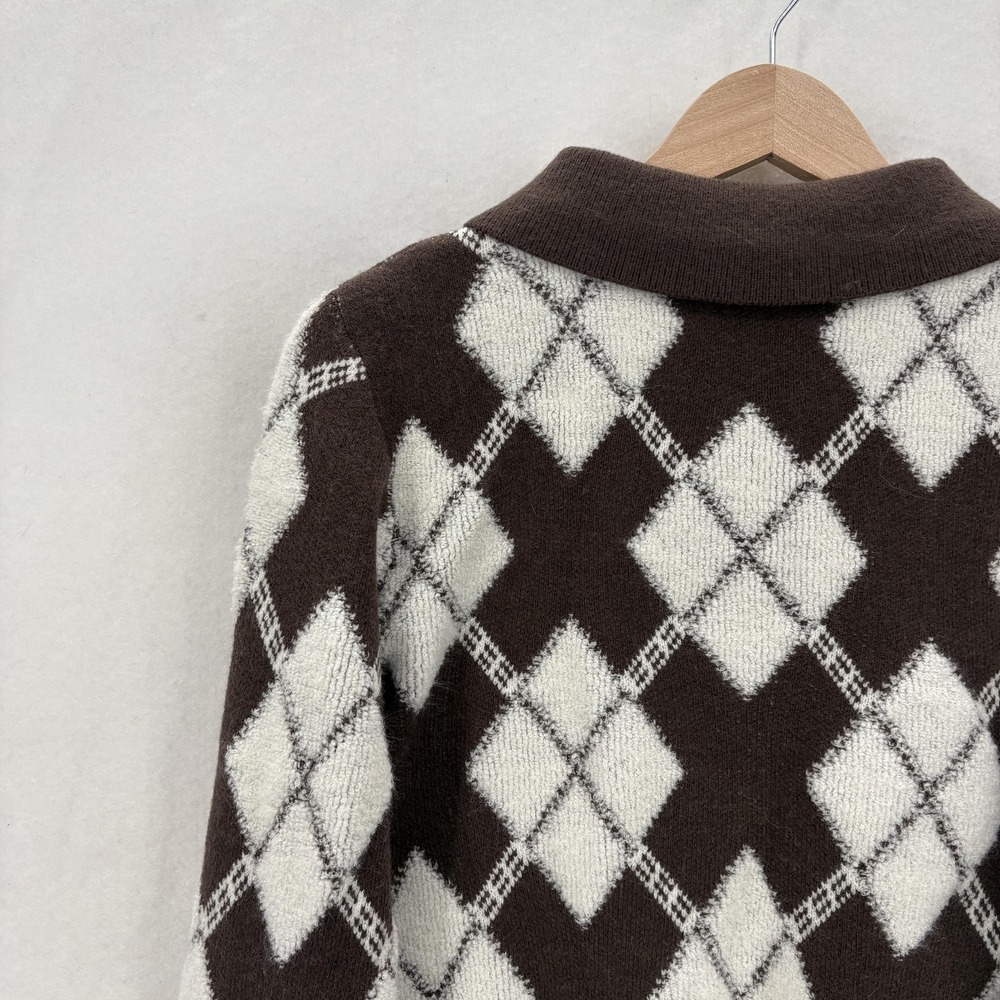 COMMENSE Sweater Womens Medium Brown Argyle Collared Knit Pullover Preppy Polo - Picture 10 of 12